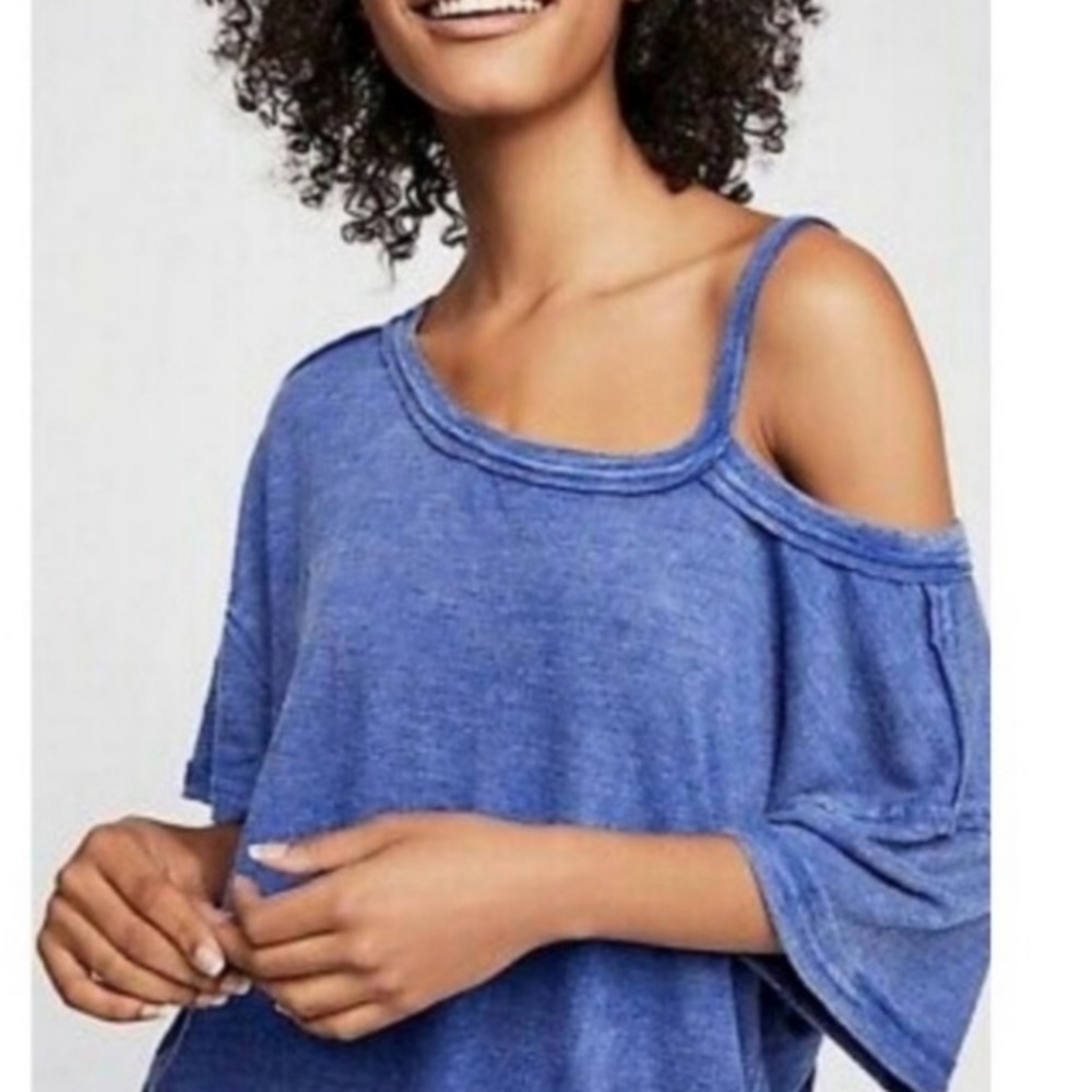 Free People Blue Cold-Shoulder Short Sleeve Tee